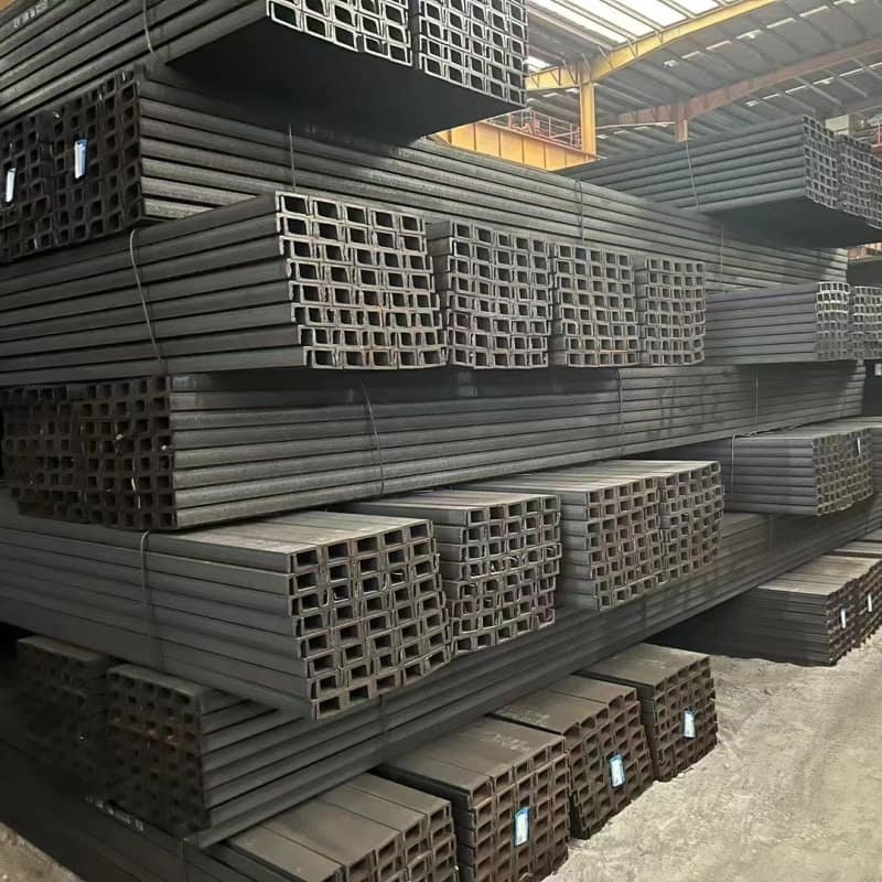 Various sizes of Hot Rolled Steel U Channels stocked in the warehouse, demonstrating wide specification availability for structural steel projects.