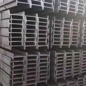 Large stock of hot rolled steel I beams at Ruicheng Steel factory ready for export.