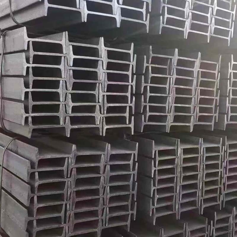 Large stock of hot rolled steel I beams at Ruicheng Steel factory ready for export.