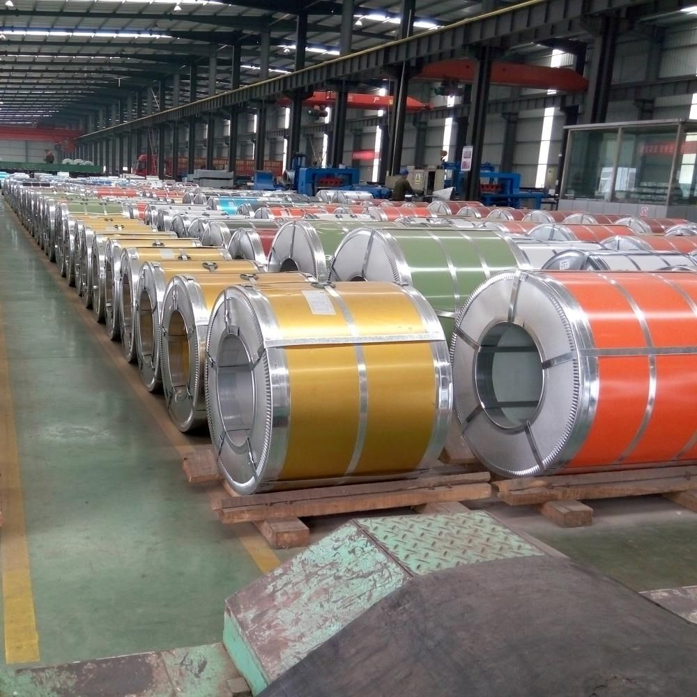 Large inventory of PPGI and PPGL steel coils in various RAL colors at Ruicheng Steel warehouse, ready for export