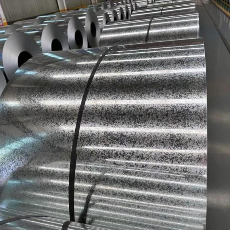 Close-up view of Regular Spangle pattern on DX51D Galvanized Steel Coil surface, showing bright and uniform finish