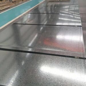 Close-up detail of Regular Spangle zinc finish on DX51D Galvanized Steel Sheet, showing bright and clean surface