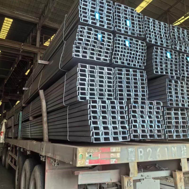 Large inventory of Structural Steel U-Beams with quality tags, ready for loading and export at Ruicheng Steel factory.